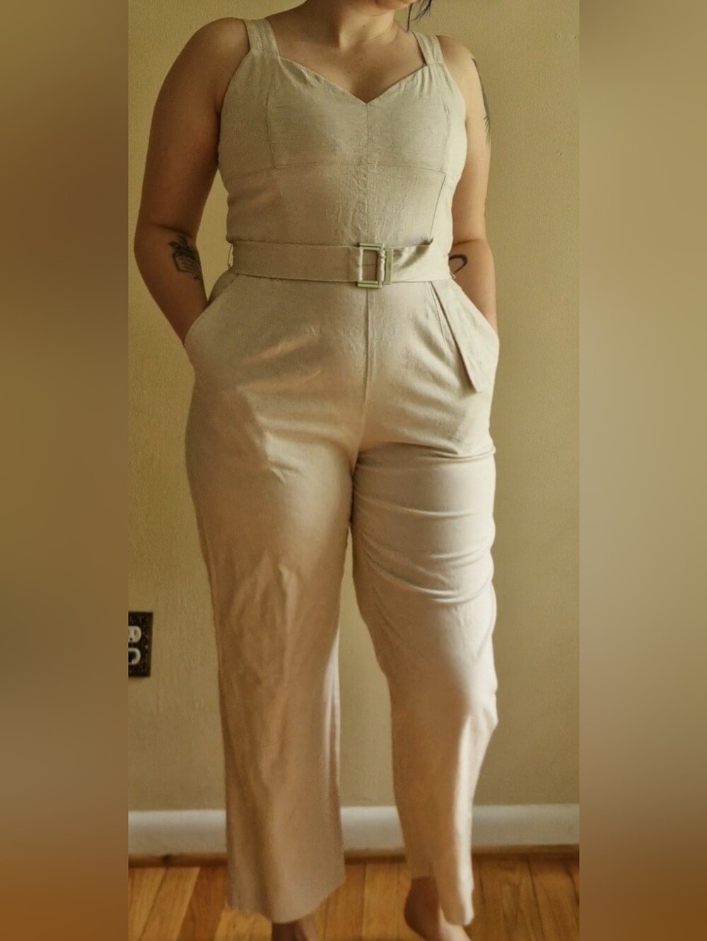 DKNY High-Waist Belted Jumpsuit - Cream